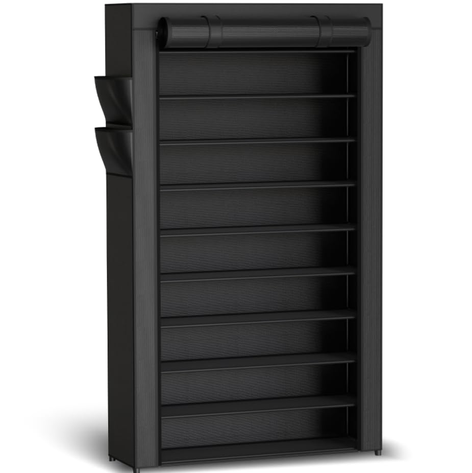 10 Tier Large Capacity Shoe Rack with Dust Cover and Side Pockets