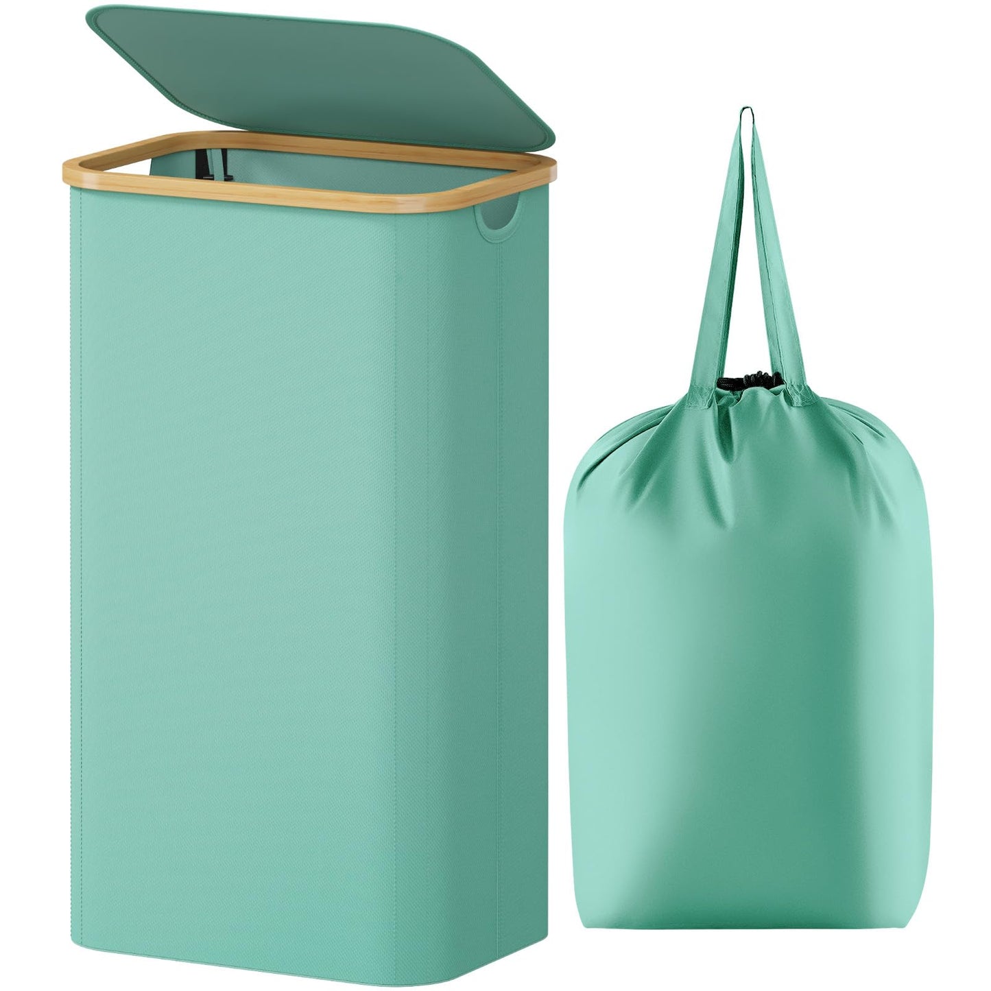 Laundry Basket Lid Bamboo Handles Foldable Hamper