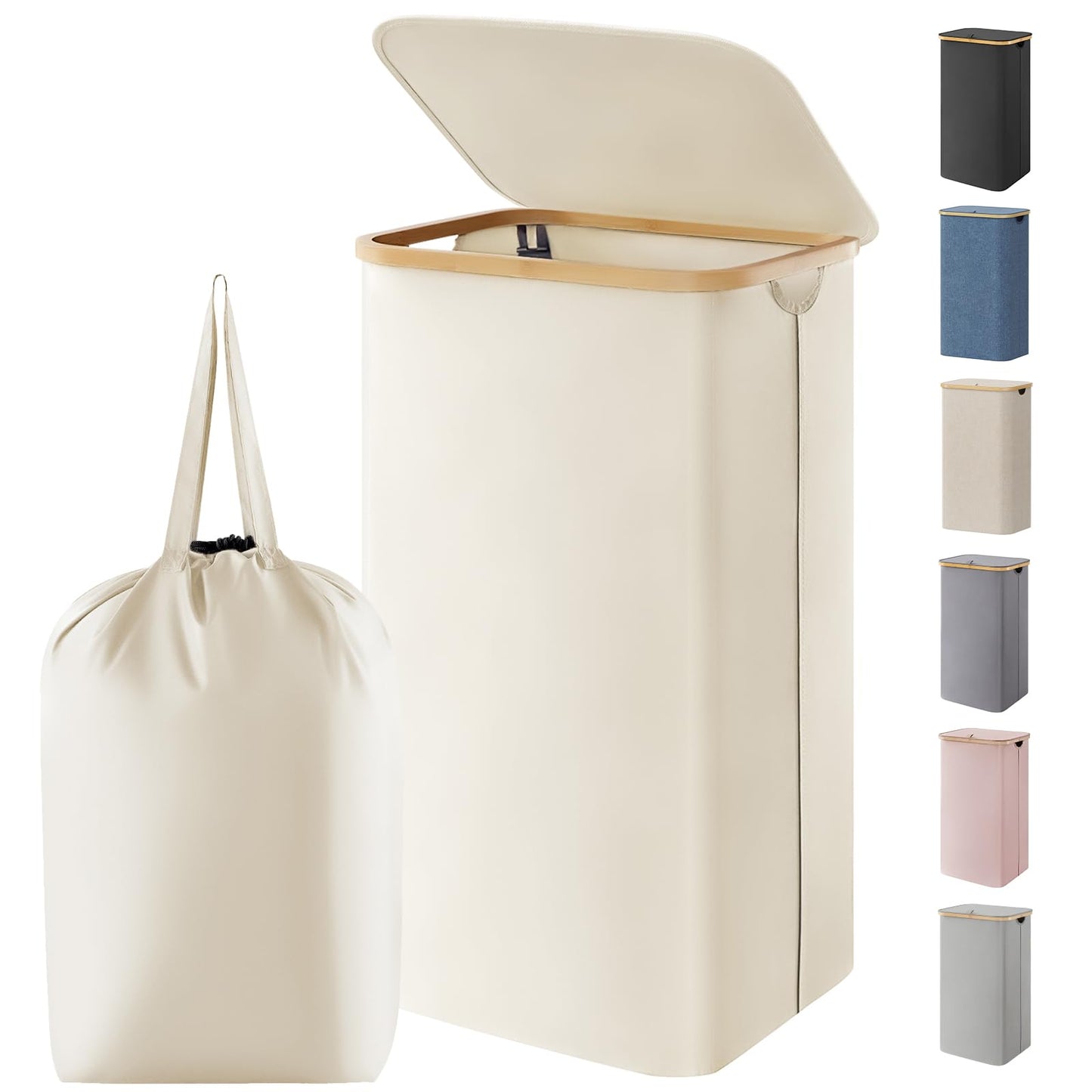 Laundry Basket Lid Bamboo Handles Foldable Hamper