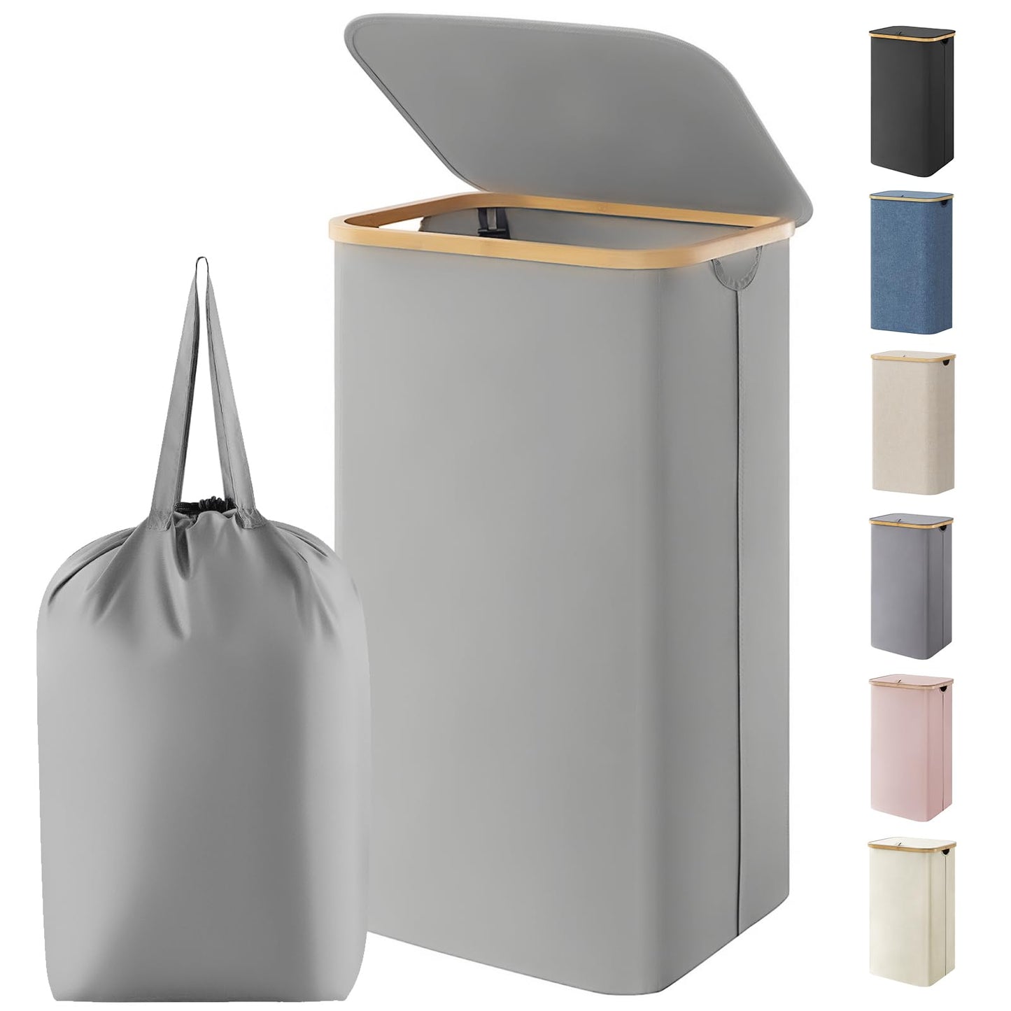 Laundry Basket Lid Bamboo Handles Foldable Hamper