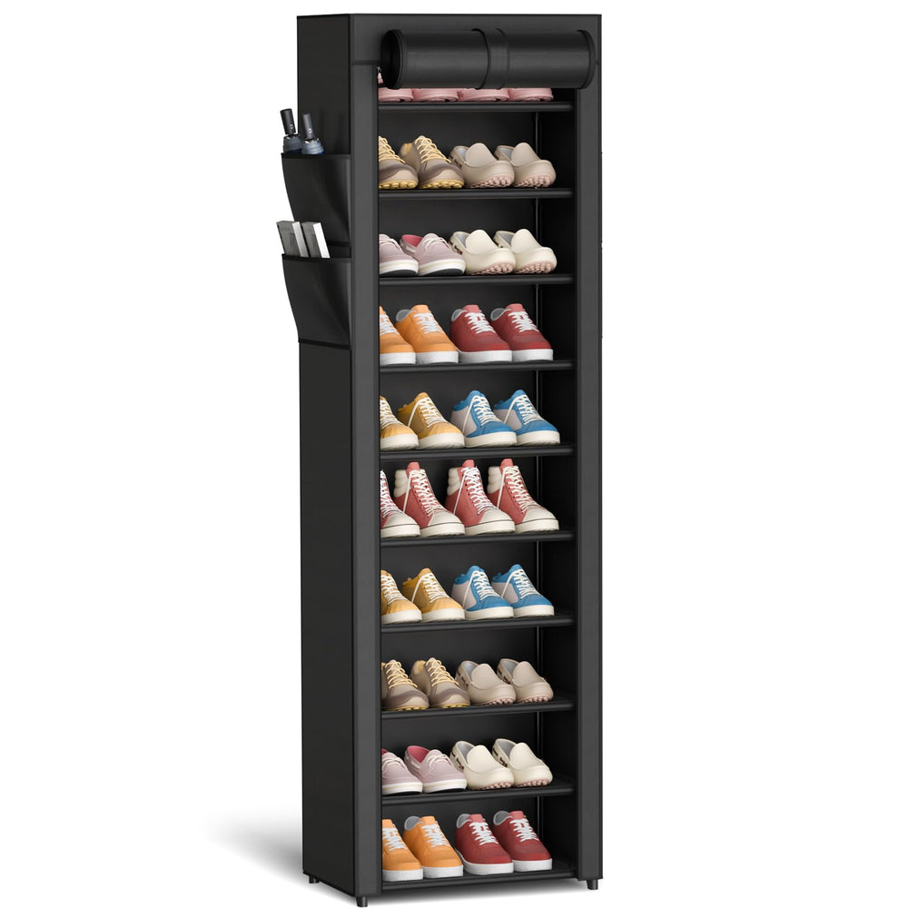 10 Tier Large Capacity Shoe Rack with Dust Cover and Side Pockets