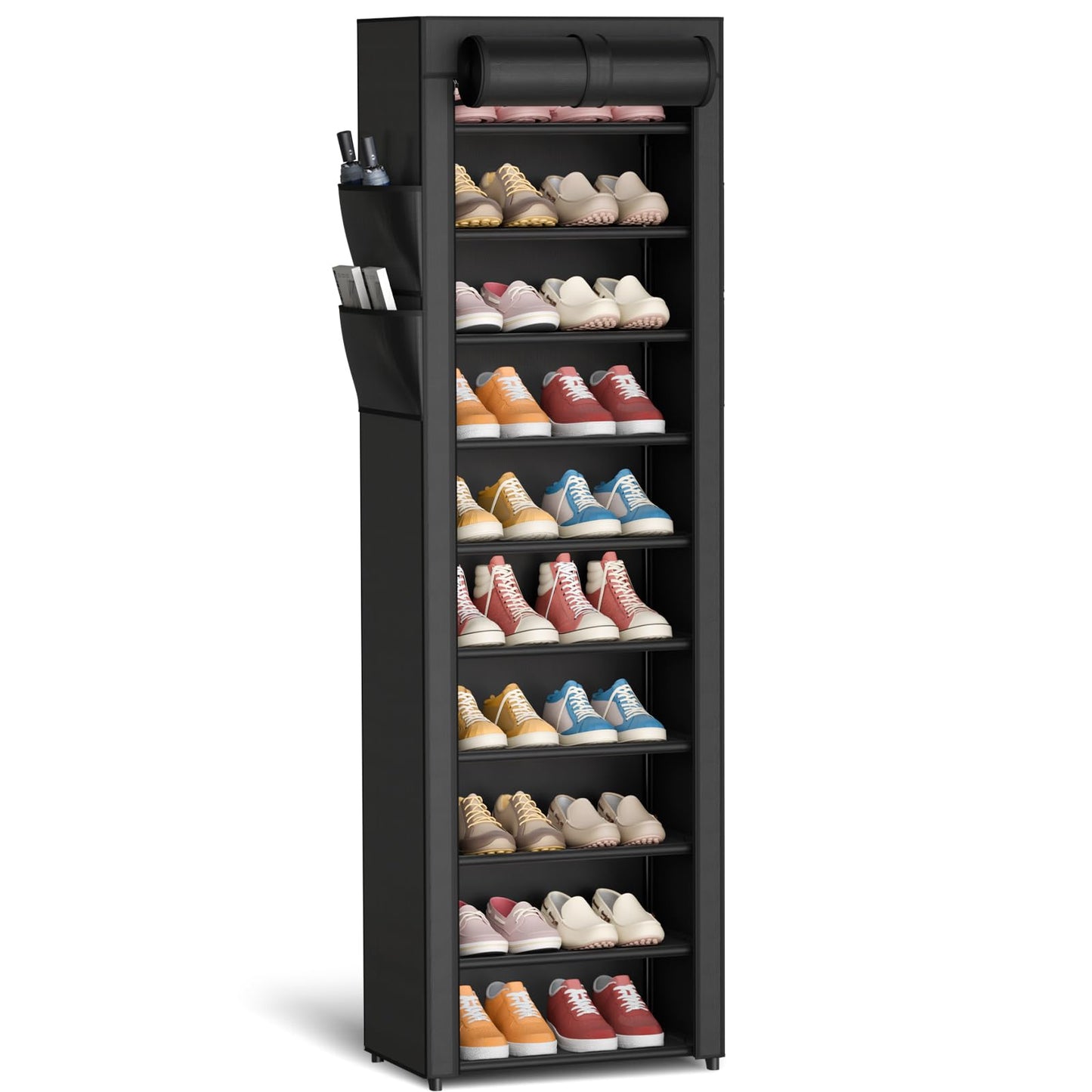 10 Tier Large Capacity Shoe Rack with Dust Cover and Side Pockets