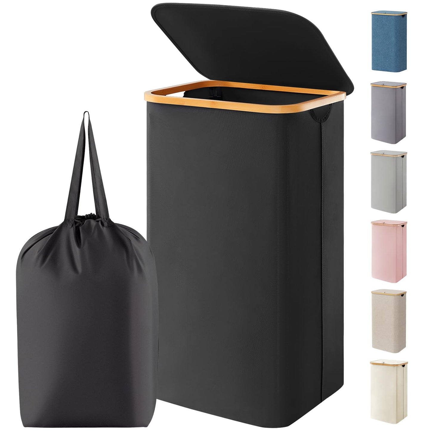 Laundry Basket Lid Bamboo Handles Foldable Hamper