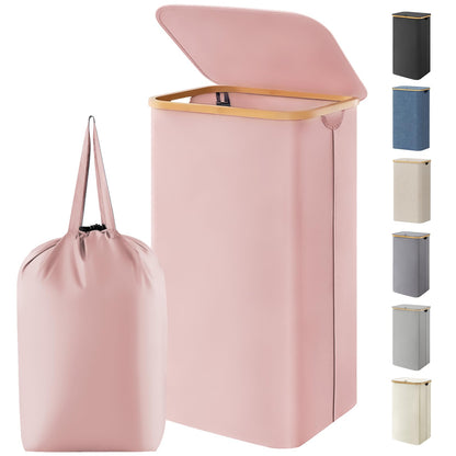 Laundry Basket Lid Bamboo Handles Foldable Hamper