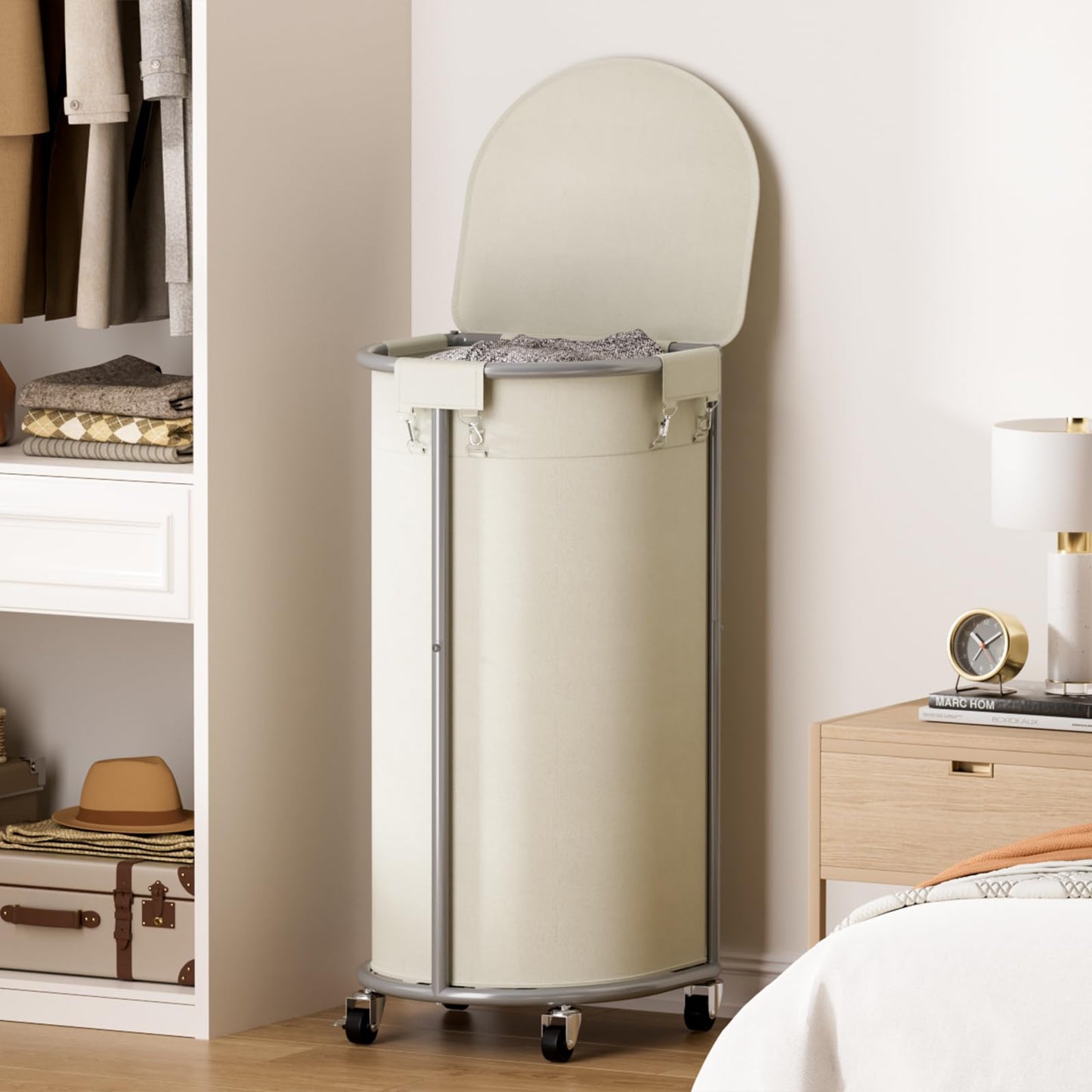 Rolling Laundry Basket with Lid Wheels Hamper Set