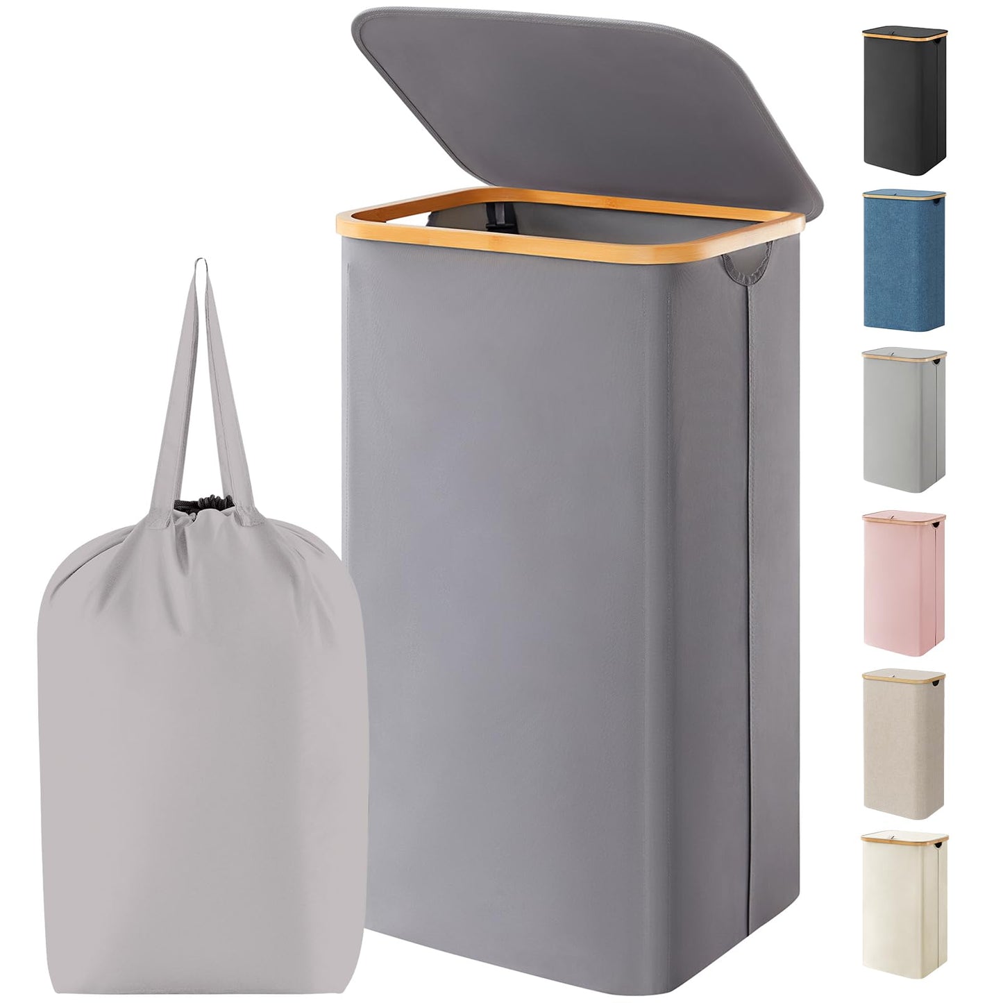 Laundry Basket Lid Bamboo Handles Foldable Hamper