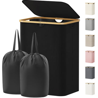 Laundry Basket Lid Bamboo Handles Foldable Hamper