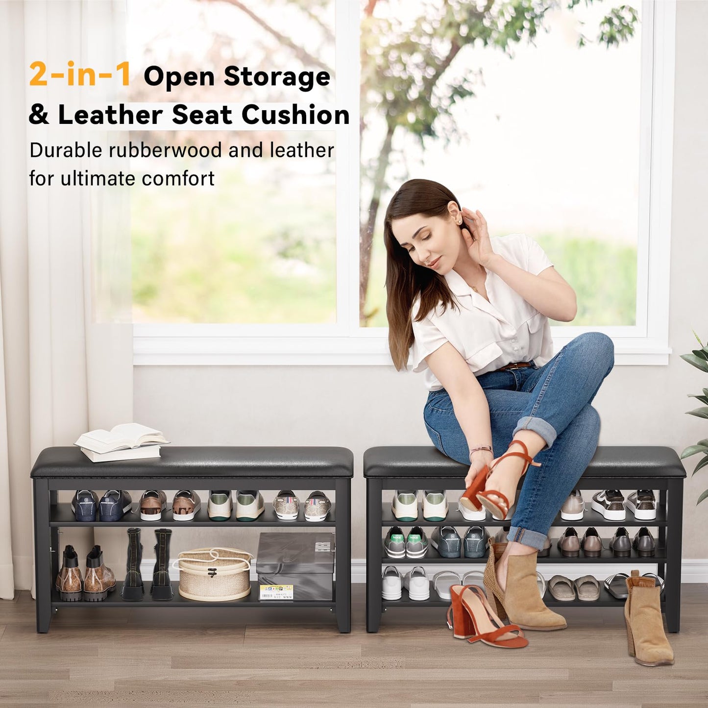 Entryway Shoe Bench Storage with Cushion Shelves