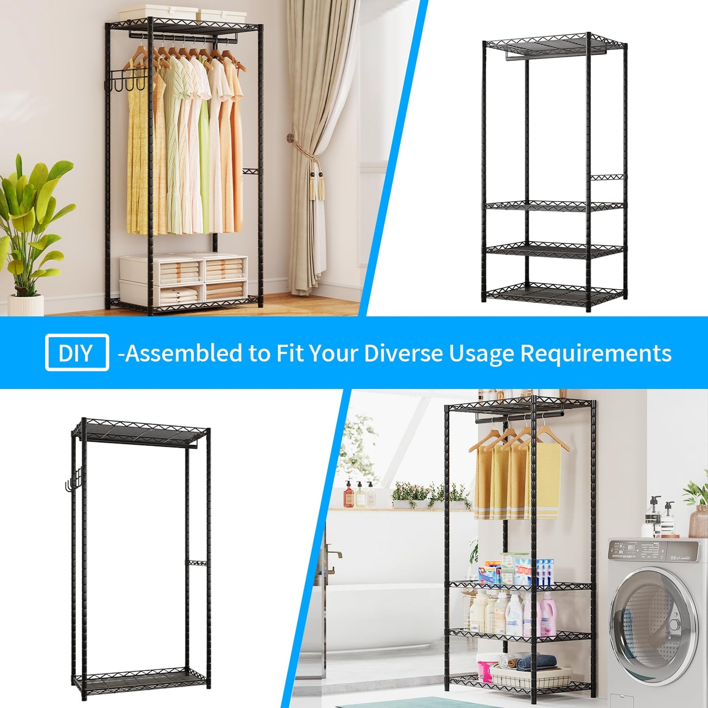 Heavy Duty Freestanding Garment Rack with Shelves Rods