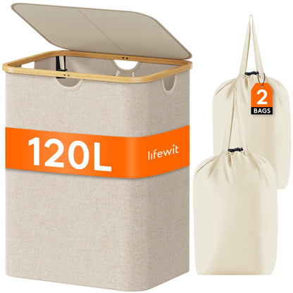 Laundry Basket Lid Bamboo Handles Foldable Hamper