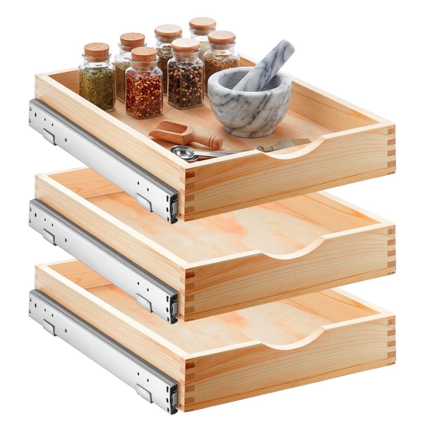 Wooden Pull Out Cabinet Organizer Soft Close Slide Shelves