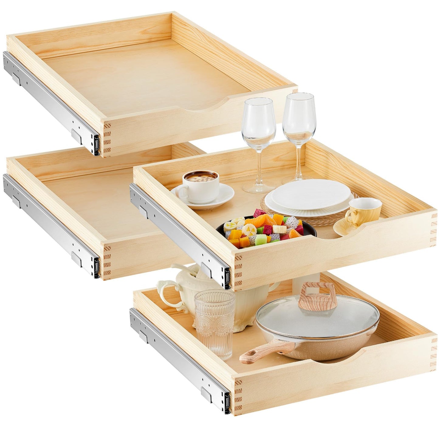Wooden Pull Out Cabinet Organizer Soft Close Slide Shelves