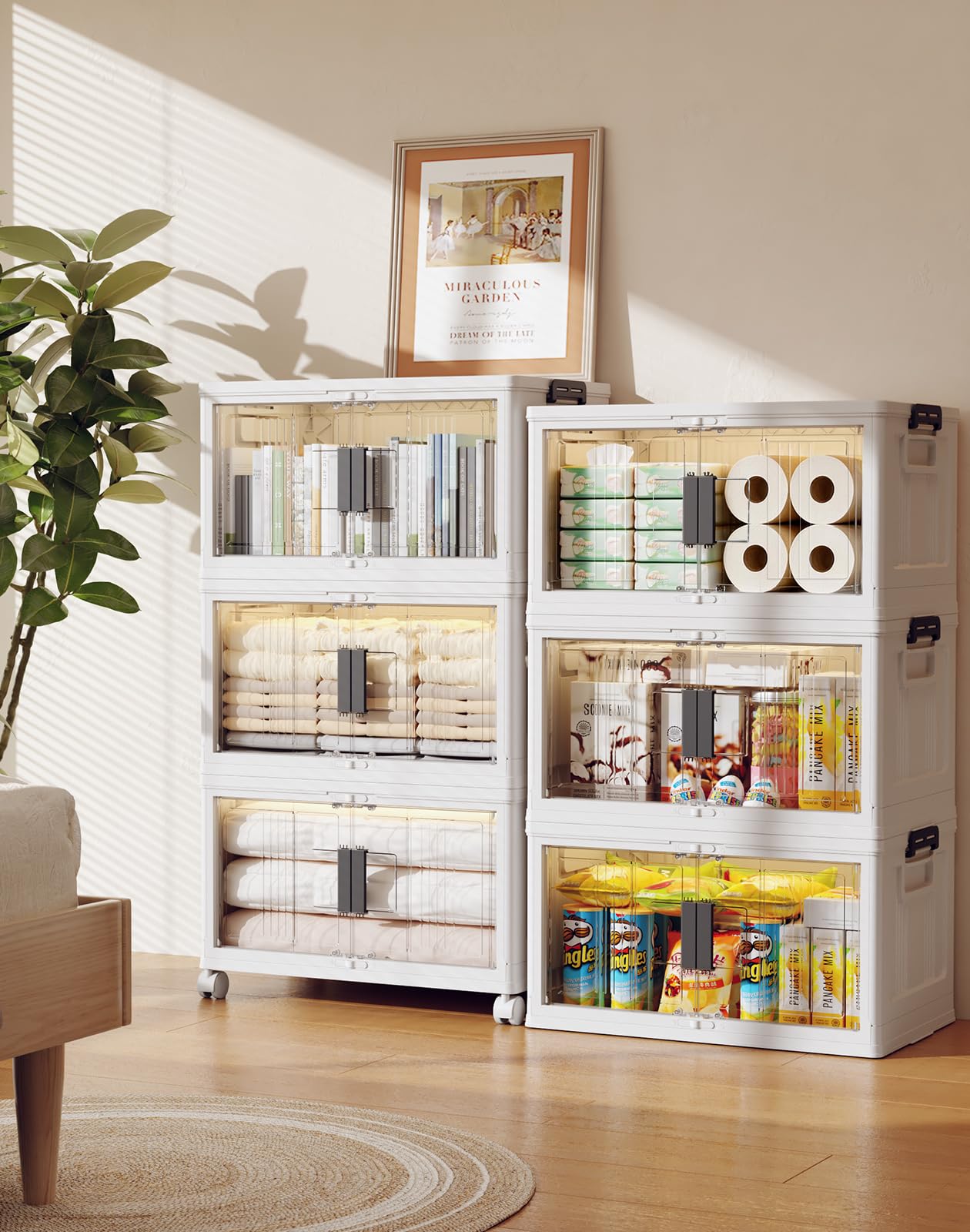 Stackable Folding Storage Bins with Wheels Doors