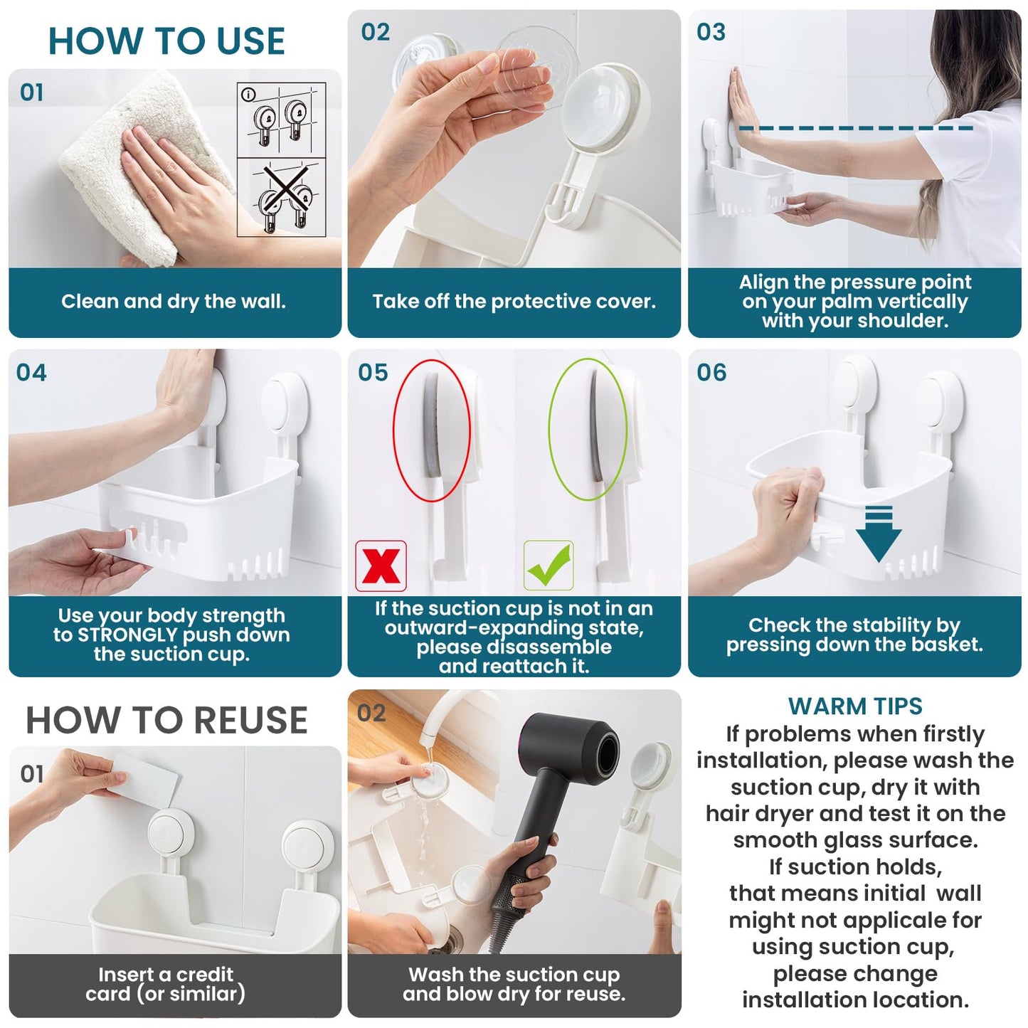Suction Cup Shower Caddy 2 Pack No Drill Bathroom Organizer