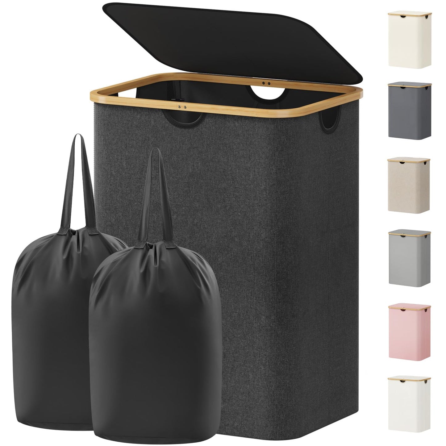 Laundry Basket Lid Bamboo Handles Foldable Hamper