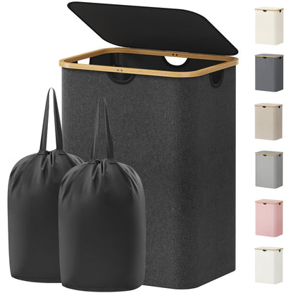 Laundry Basket Lid Bamboo Handles Foldable Hamper