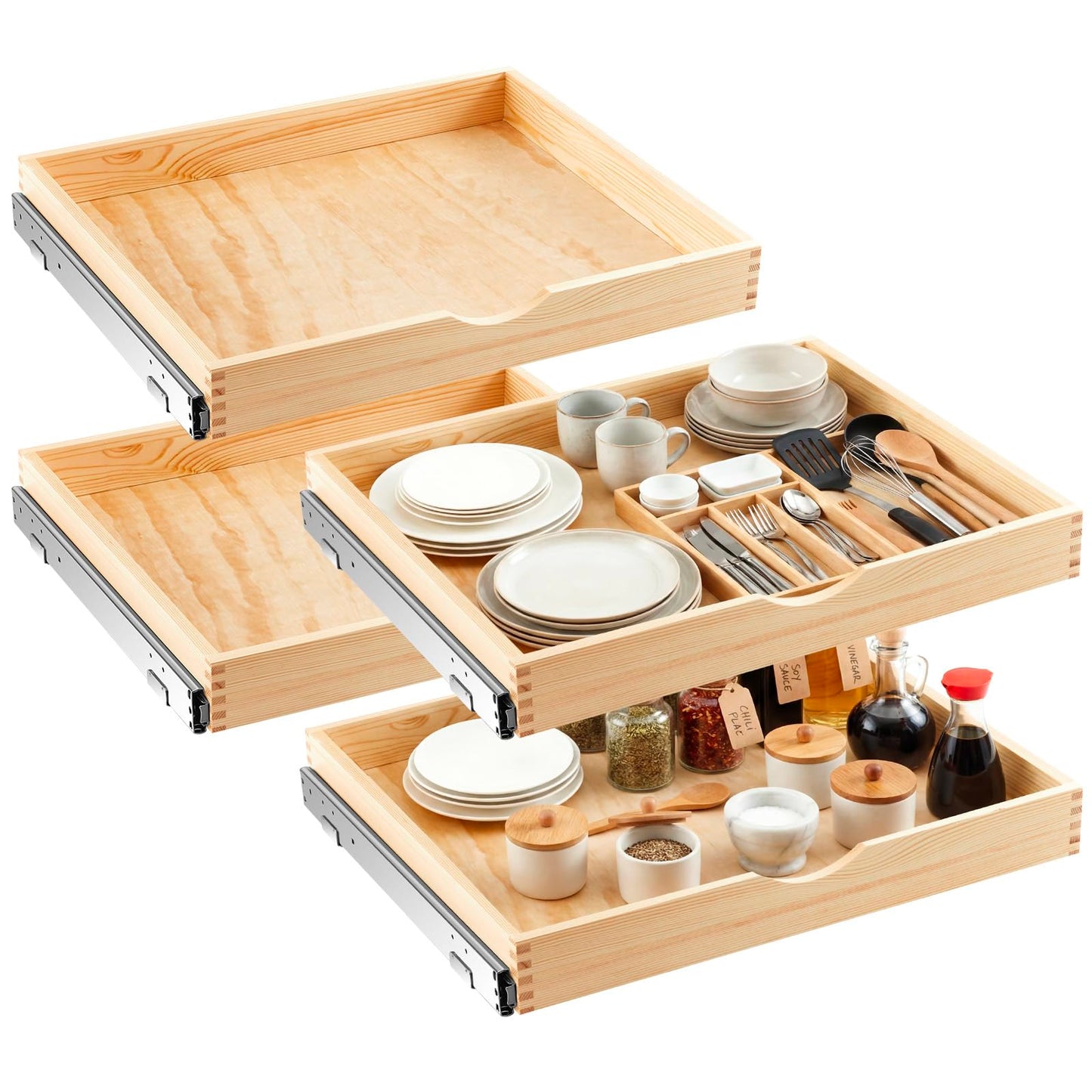 Wooden Pull Out Cabinet Organizer Soft Close Slide Shelves