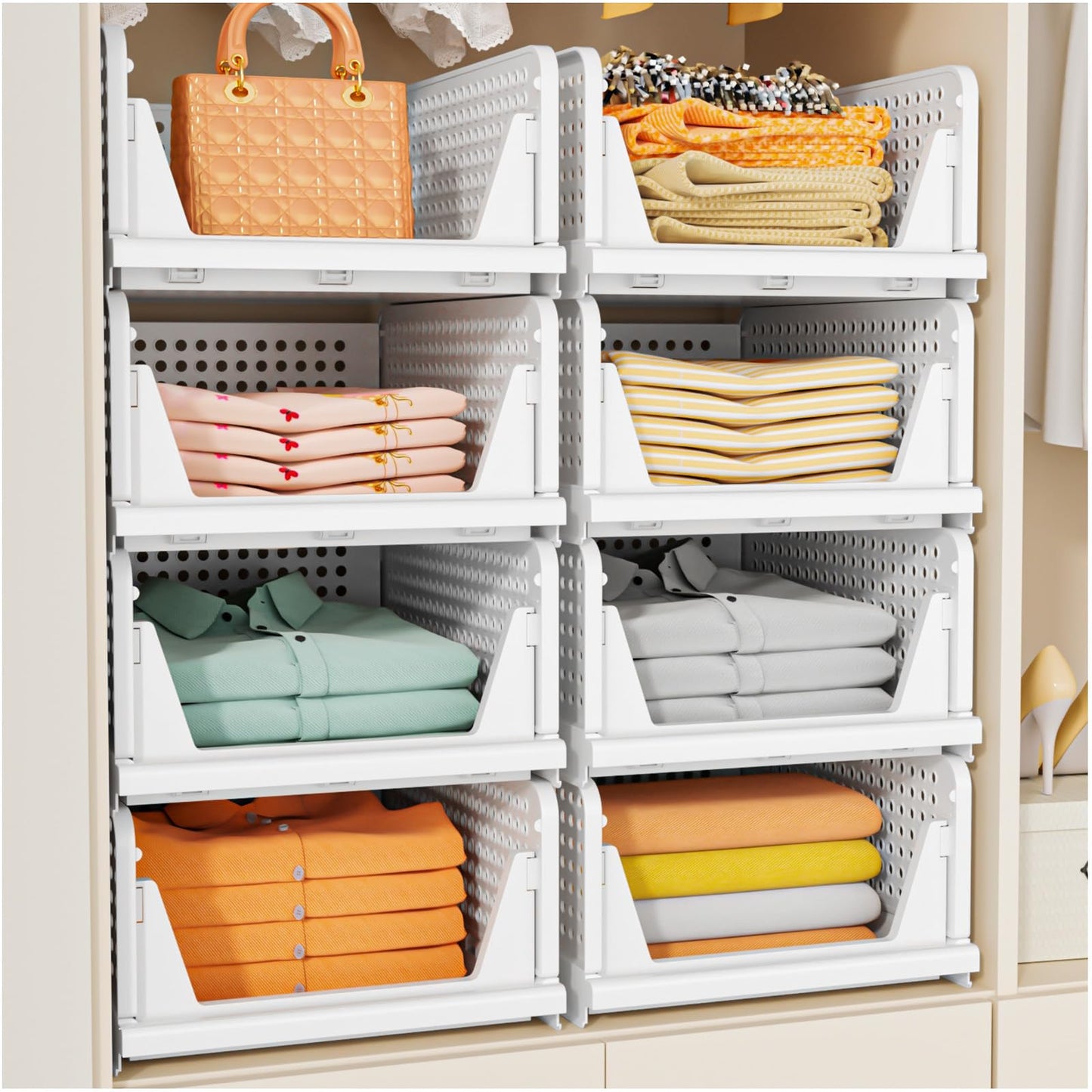 Stackable Foldable Closet Storage Baskets Organizer White