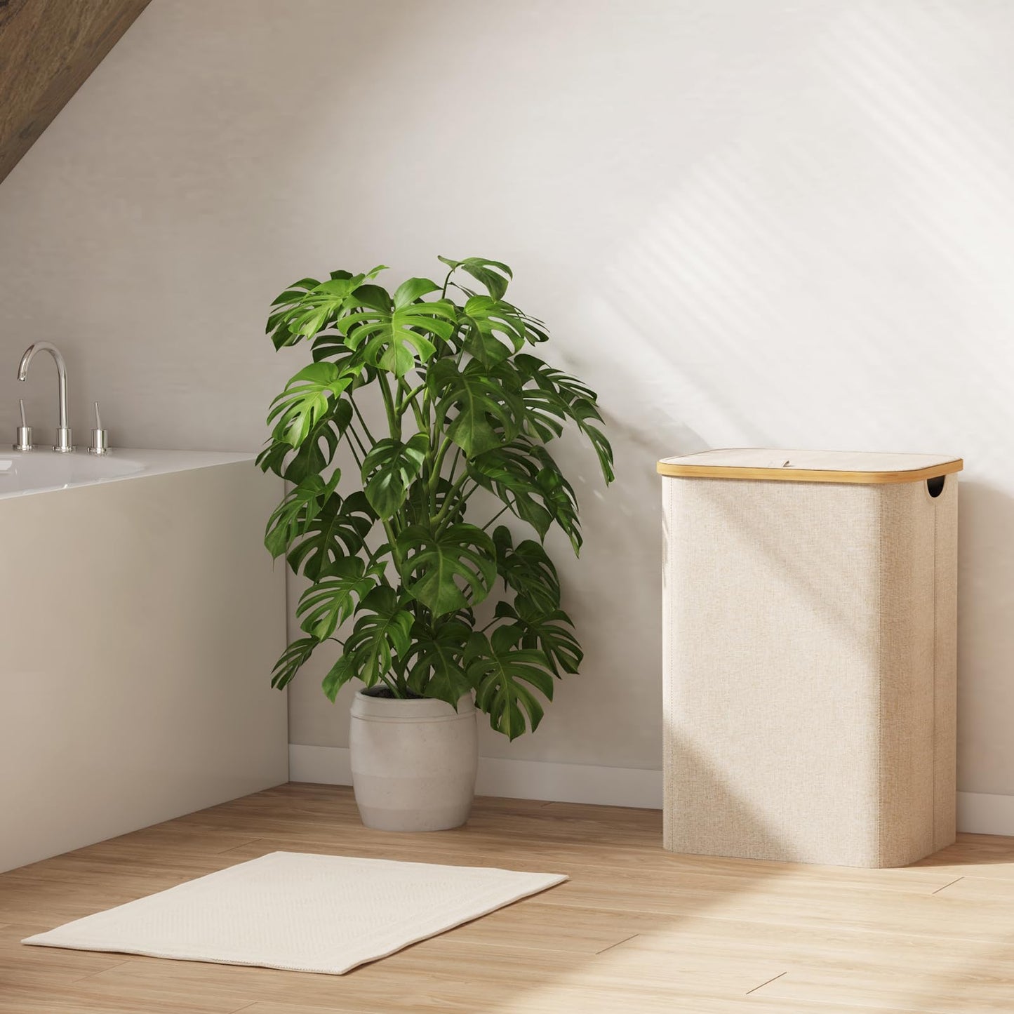 Laundry Basket Lid Bamboo Handles Foldable Hamper