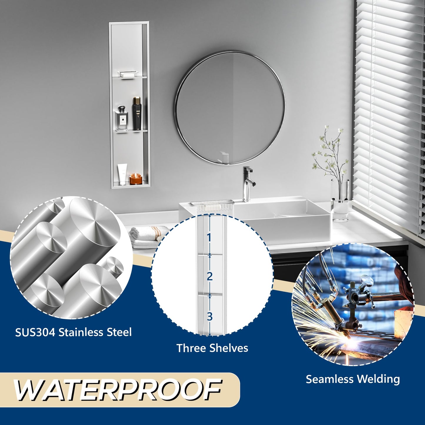 Three-Tier Stainless Recessed Shower Wall Niche