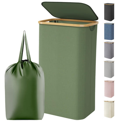 Laundry Basket Lid Bamboo Handles Foldable Hamper