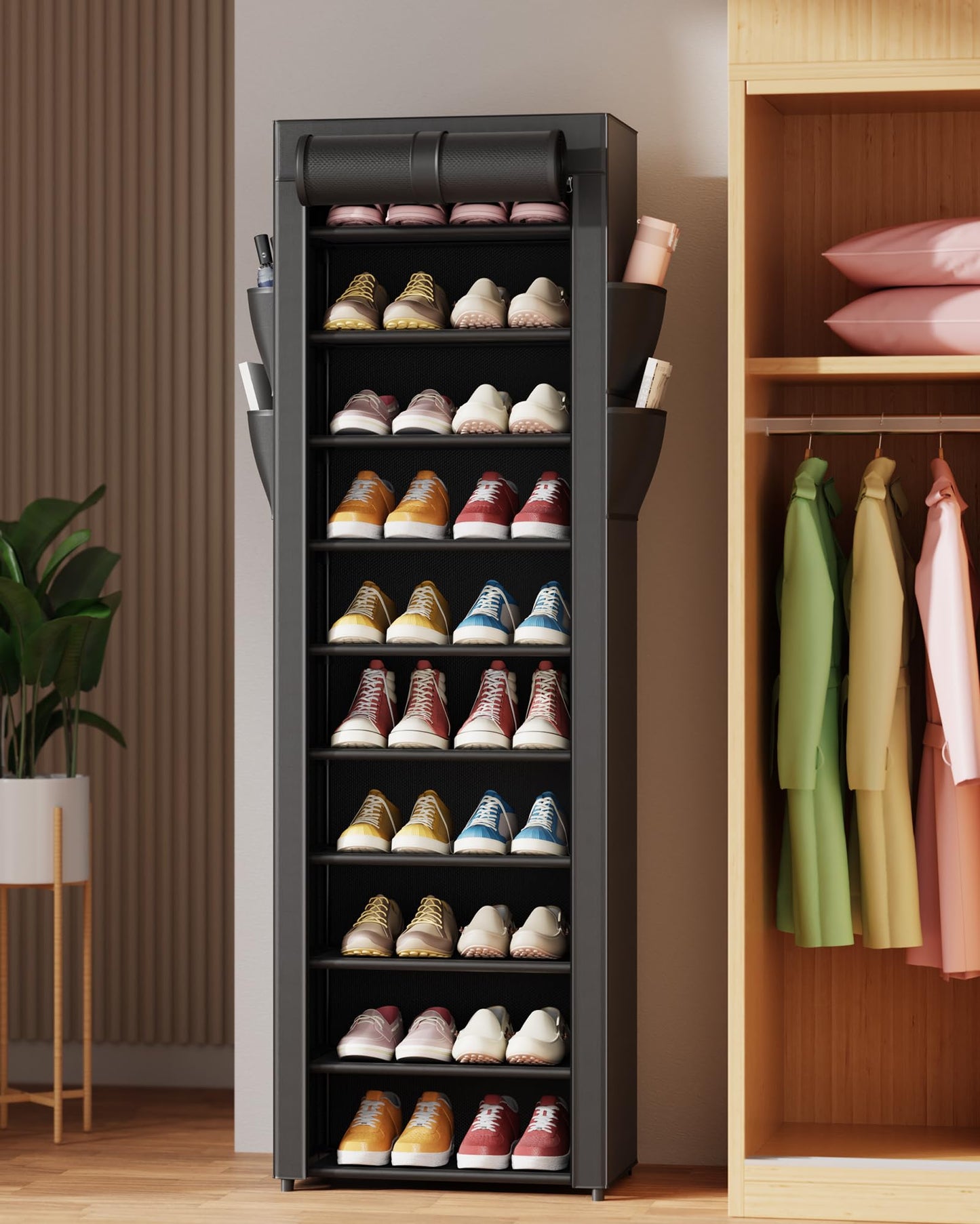 10 Tier Large Capacity Shoe Rack with Dust Cover and Side Pockets