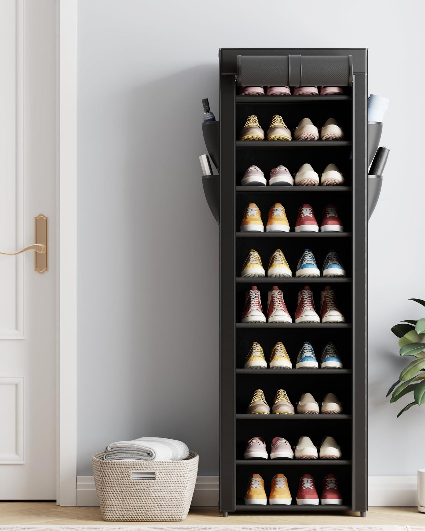 10 Tier Large Capacity Shoe Rack with Dust Cover and Side Pockets