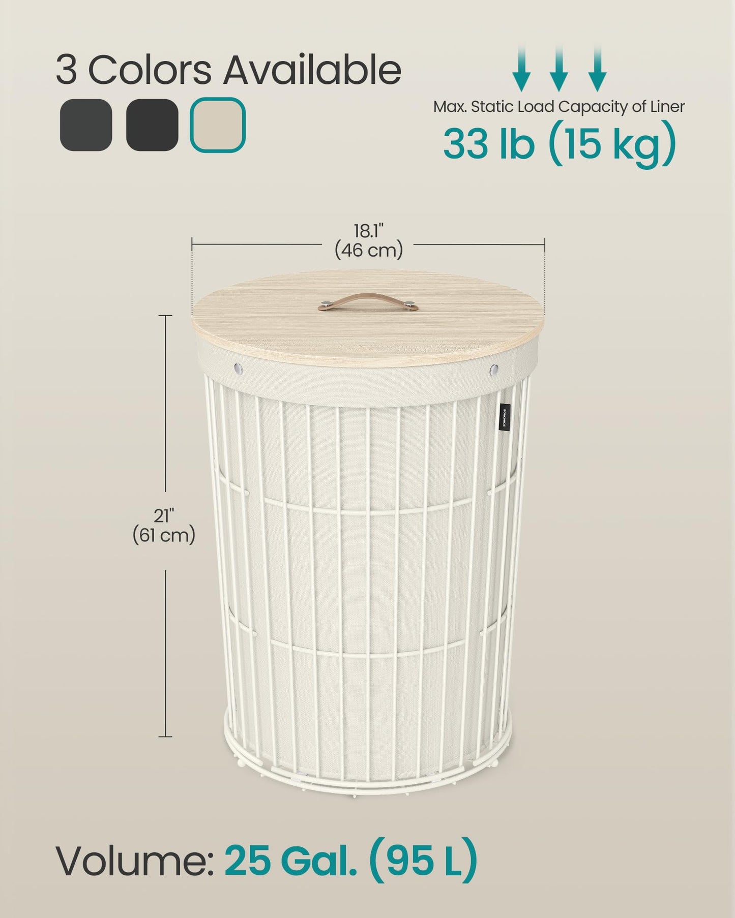 Round Laundry Hamper with Lid 95L Removable Liner