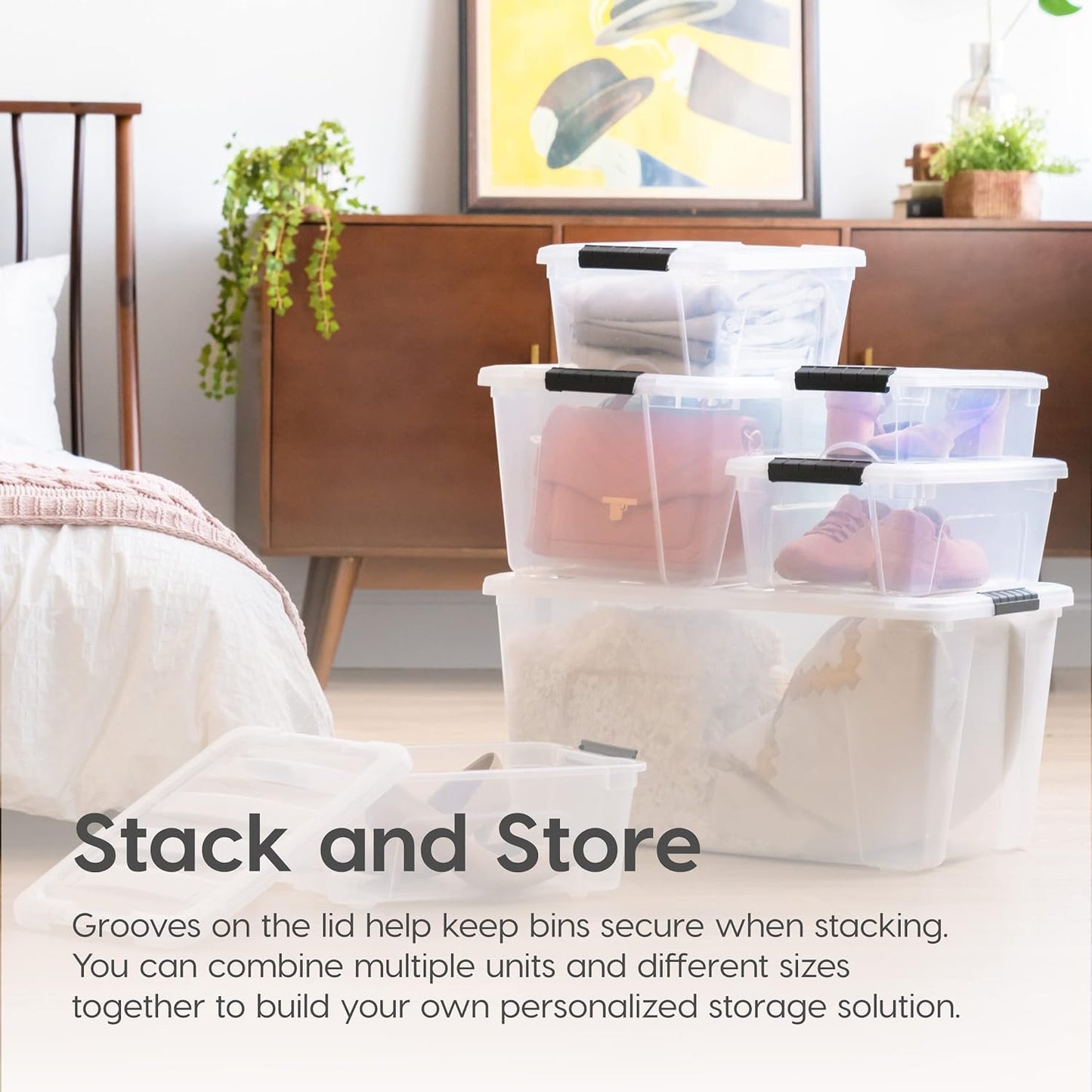 Stackable Clear Storage Bins with Latching Lids Secure Pull Handle