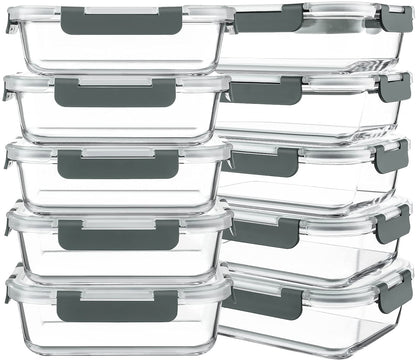 Glass Meal Prep Containers 30oz 10 Pack Gray Lids
