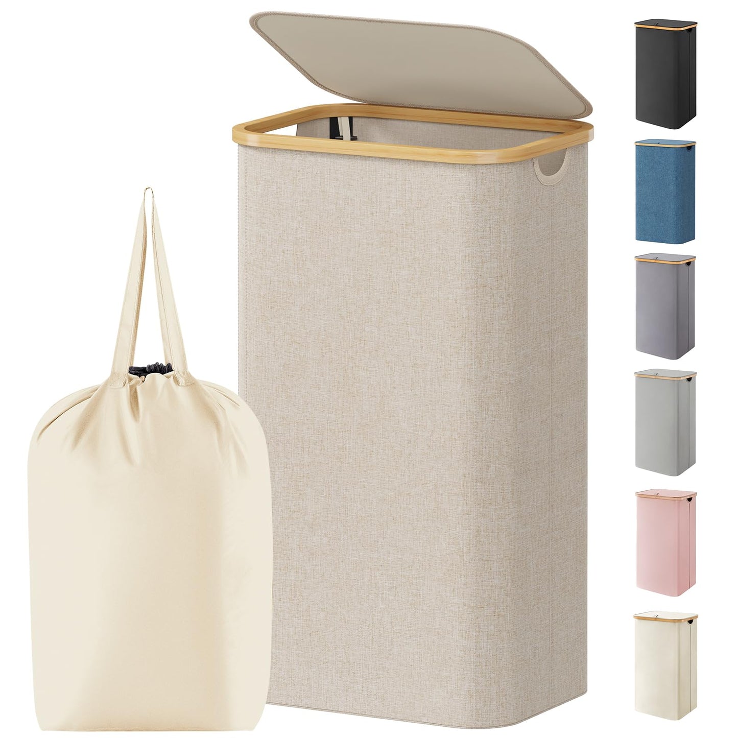 Laundry Basket Lid Bamboo Handles Foldable Hamper