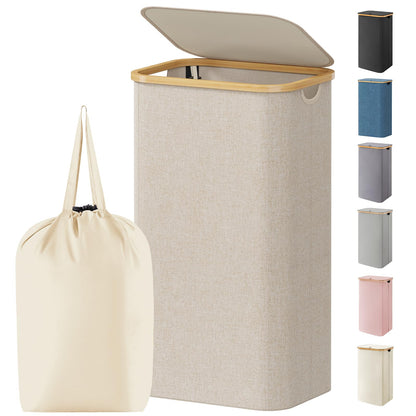 Laundry Basket Lid Bamboo Handles Foldable Hamper