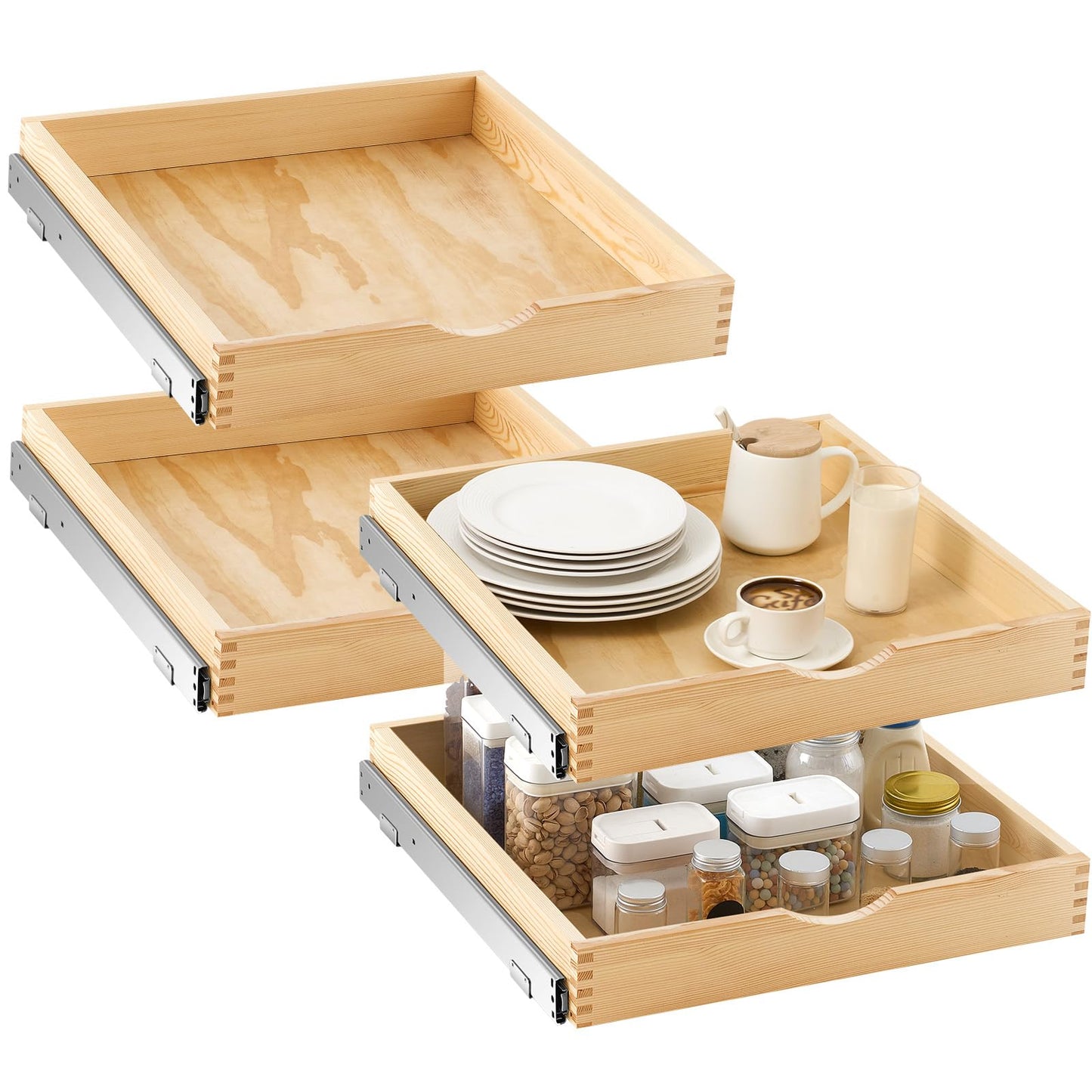 Wooden Pull Out Cabinet Organizer Soft Close Slide Shelves