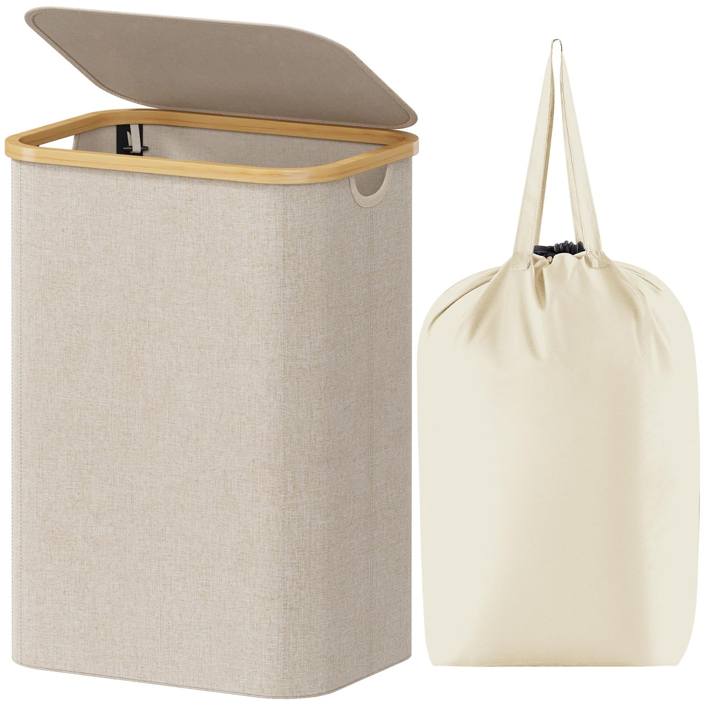 Laundry Basket Lid Bamboo Handles Foldable Hamper