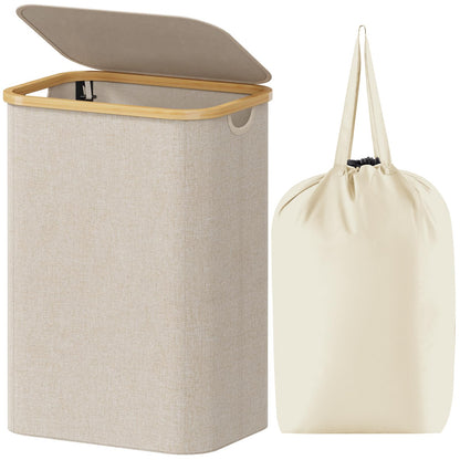 Laundry Basket Lid Bamboo Handles Foldable Hamper