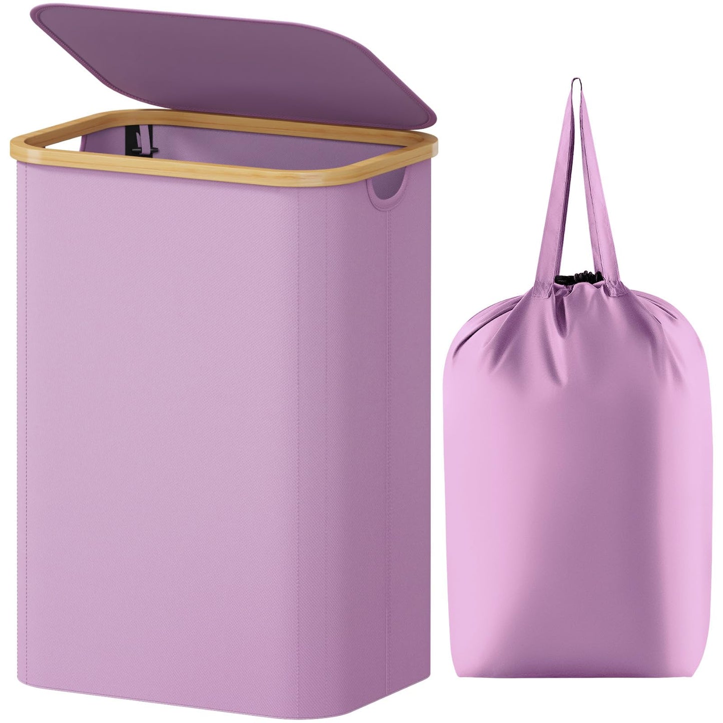 Laundry Basket Lid Bamboo Handles Foldable Hamper