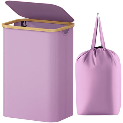 Laundry Basket Lid Bamboo Handles Foldable Hamper