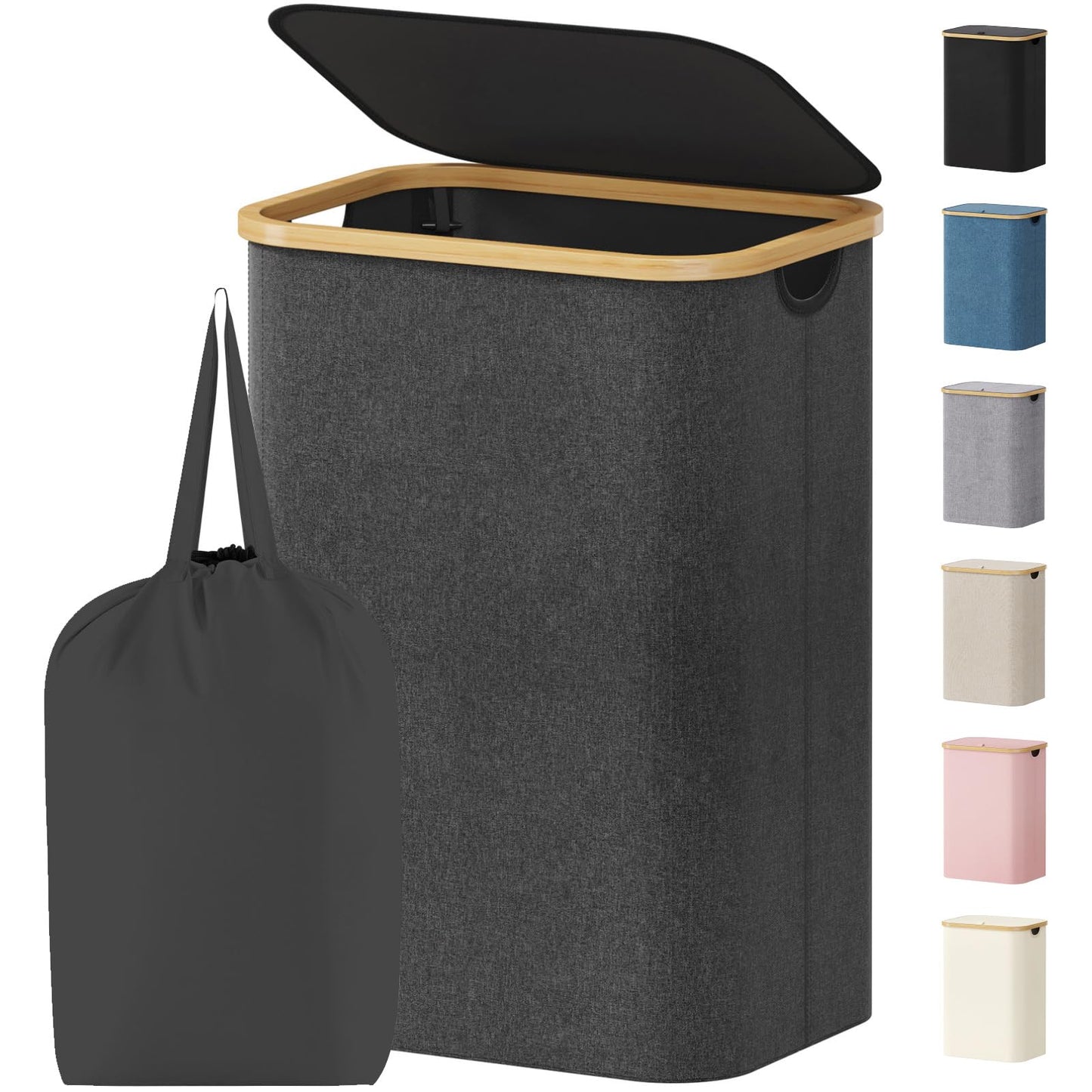 Laundry Basket Lid Bamboo Handles Foldable Hamper