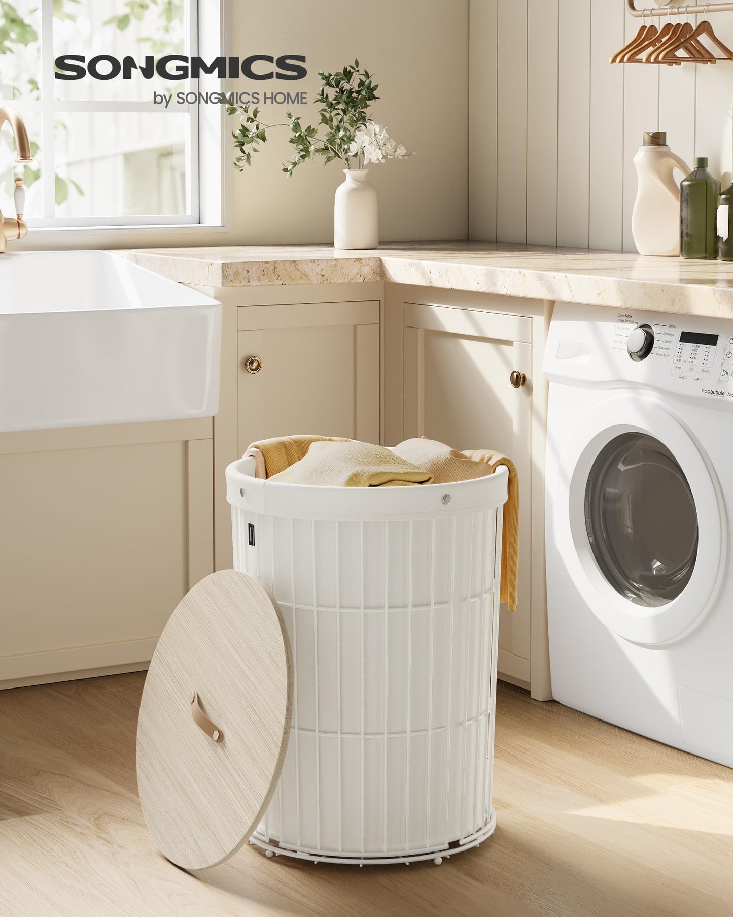 Round Laundry Hamper with Lid 95L Removable Liner