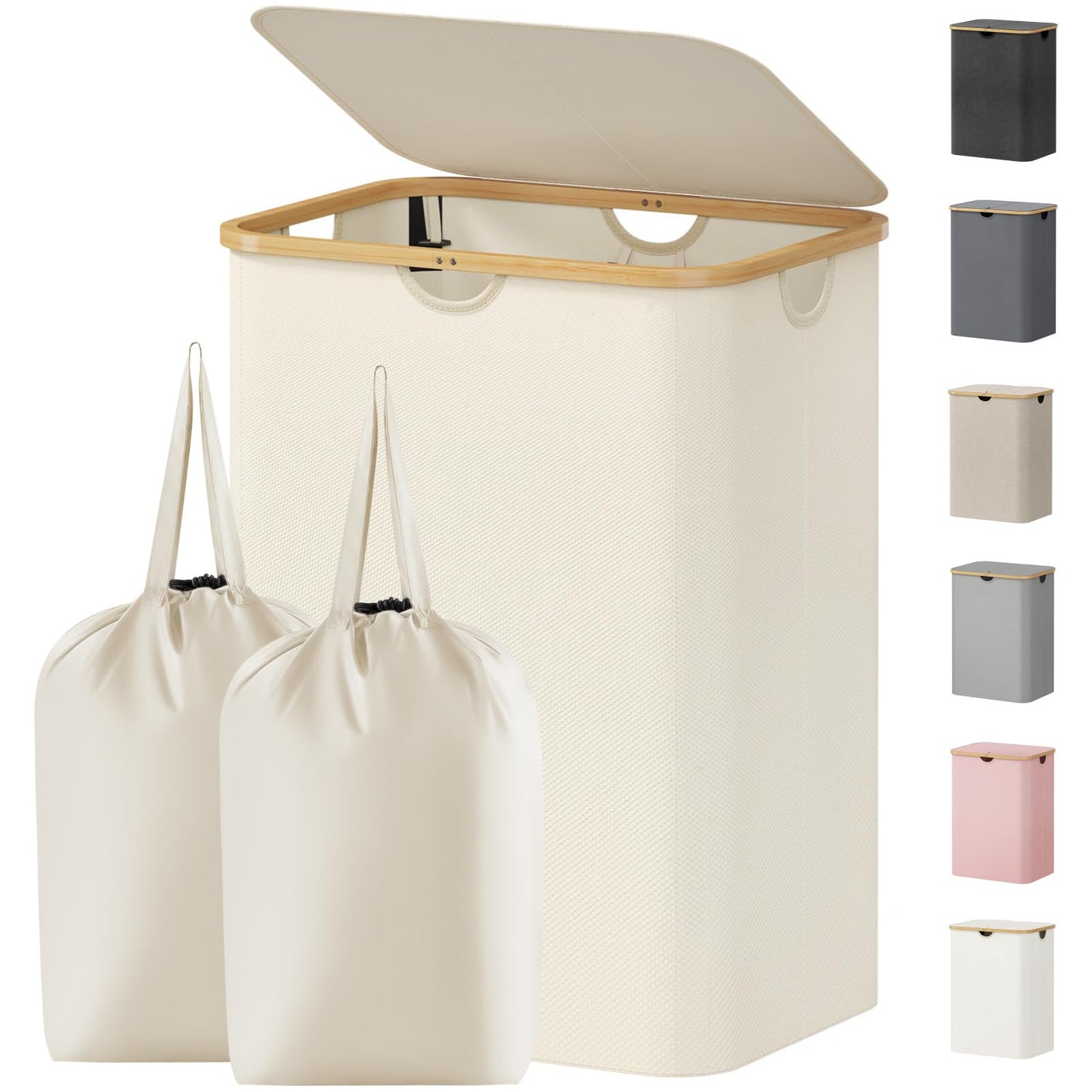 Laundry Basket Lid Bamboo Handles Foldable Hamper
