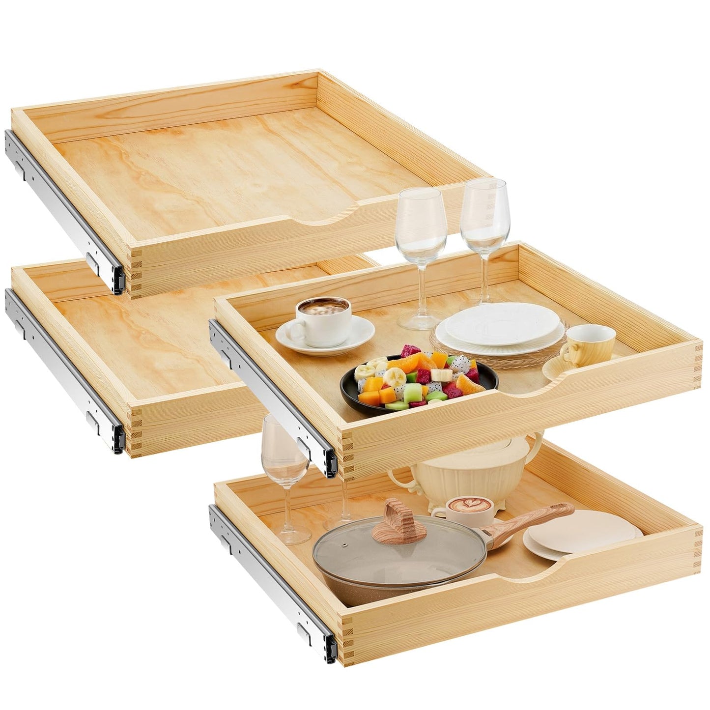 Wooden Pull Out Cabinet Organizer Soft Close Slide Shelves
