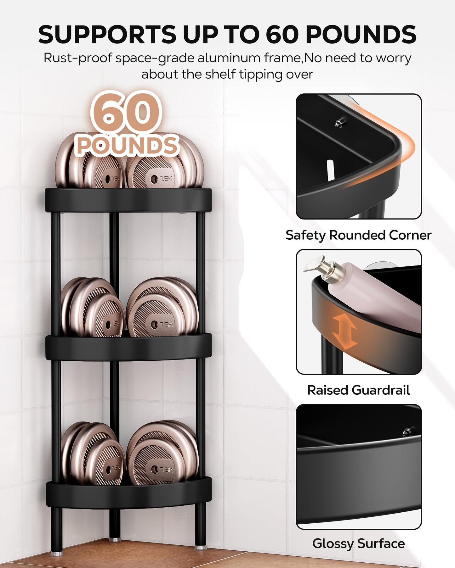 Corner Shower Caddy Adjustable Rustproof Aluminum Organizer