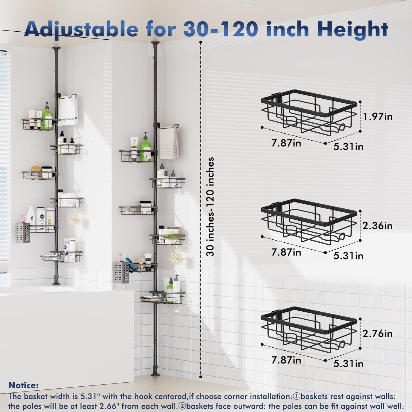 Corner Tension Pole Shower Caddy Adjustable Bathroom Organizer