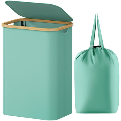 Laundry Basket Lid Bamboo Handles Foldable Hamper