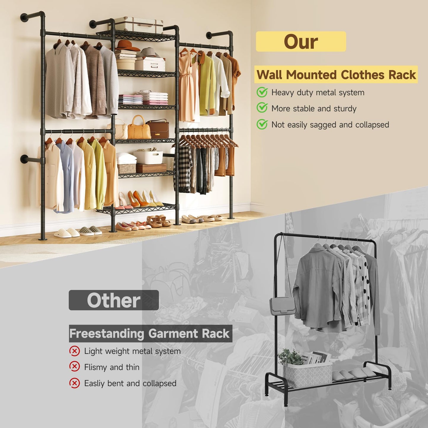 Wall Mounted Industrial Pipe Clothing Rack Heavy Duty