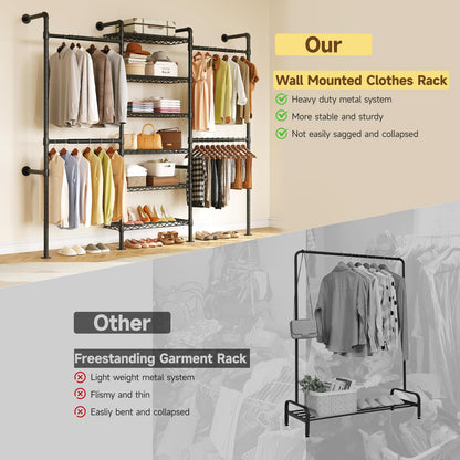 Wall Mounted Industrial Pipe Clothing Rack Heavy Duty