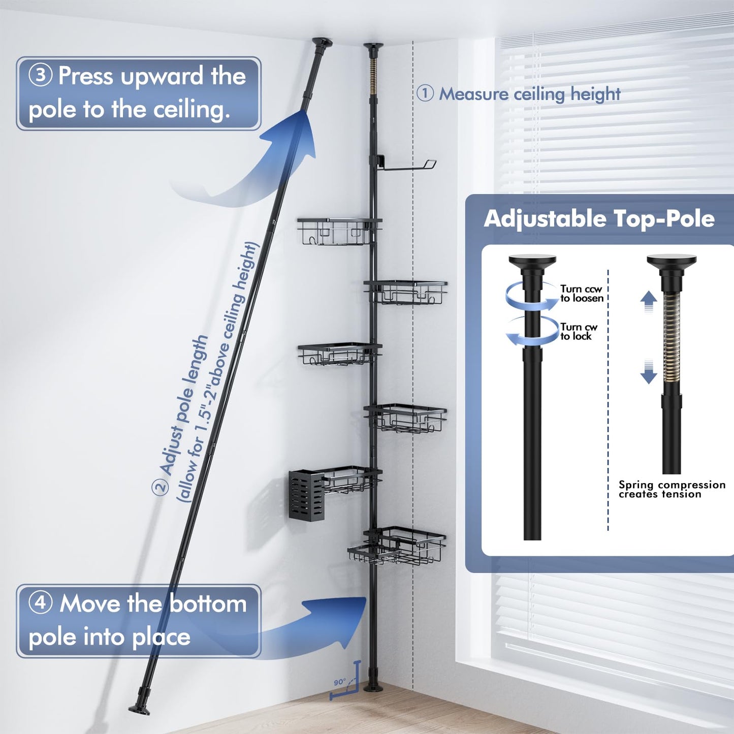 Corner Tension Pole Shower Caddy Adjustable Bathroom Organizer
