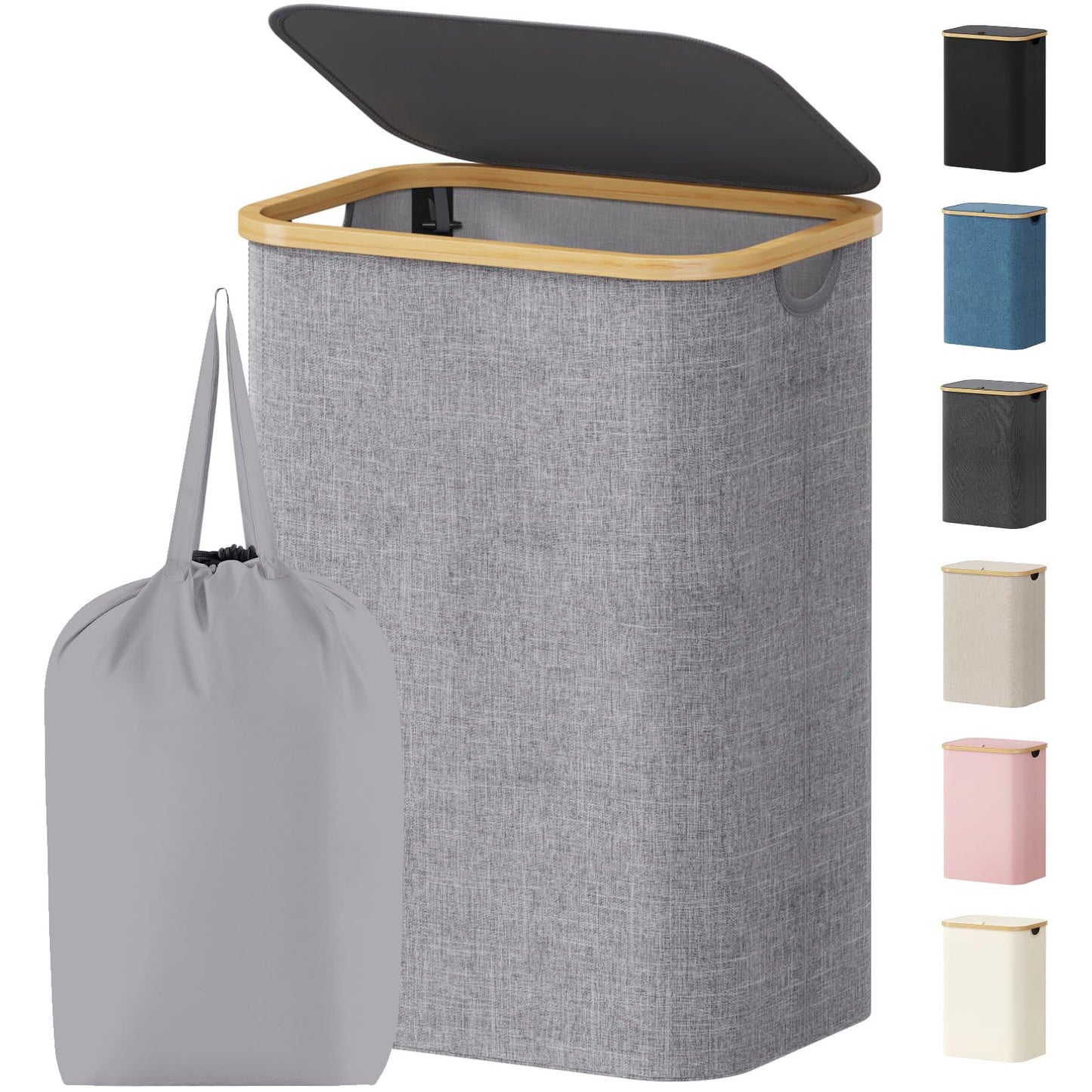 Laundry Basket Lid Bamboo Handles Foldable Hamper