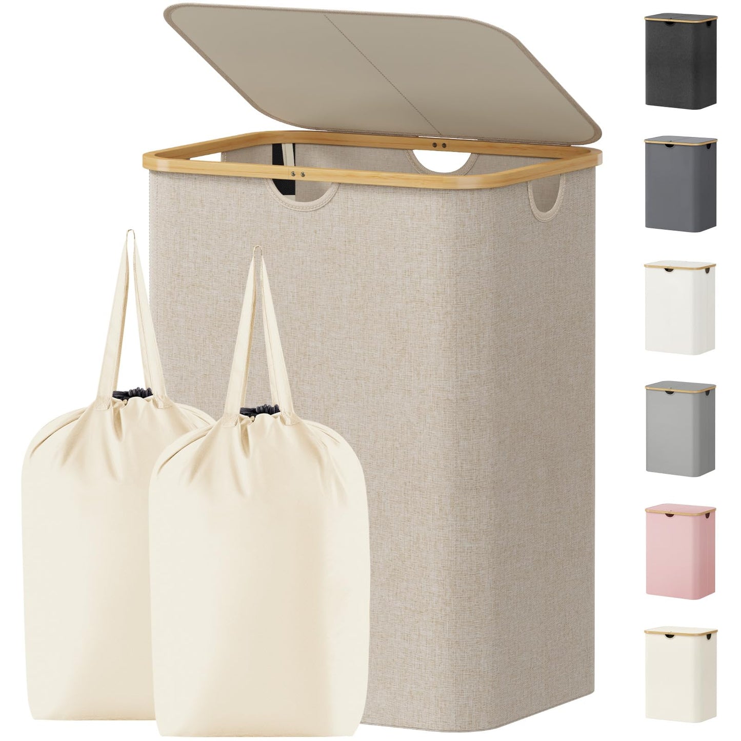 Laundry Basket Lid Bamboo Handles Foldable Hamper