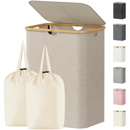 Laundry Basket Lid Bamboo Handles Foldable Hamper